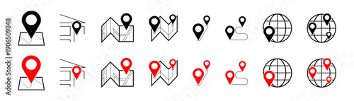 Map pointer locator. Black and red colors. Map with pointers.