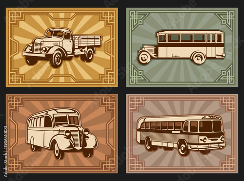 Trucks and Buses from the 1930s - 1940s. Retro Transport Poster Set. Art Deco Frames, Classic Autobus and Truck. 1930s, 1940s Monochrome Color Palette