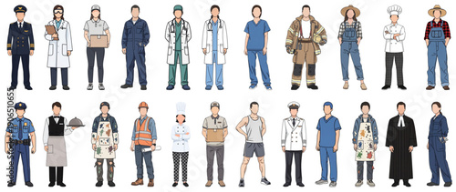 Modern vector pack showing construction worker, nurse, police officer, scientist in varied poses. Ideal for job diversity, education and team visuals.