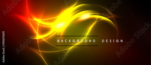 Abstract vibrant design features swirling light streaks. Yellow, orange, red hues dominate dark background. Text reads background design.