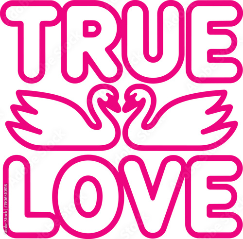 True love outlined text with two swans forming heart, isolated on transparent background