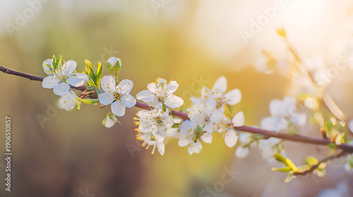 Blooming white flowers on a tree branch with soft sunlight in the background spring morning scene