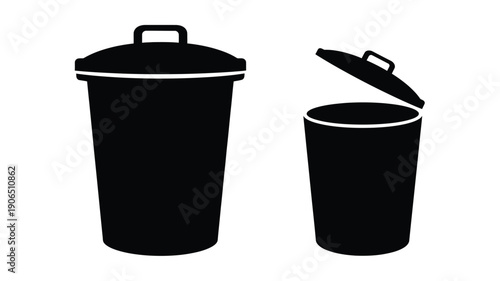 Black trash cans one open depicted as a stark silhouette