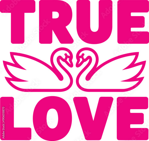 True love text with two swans forming heart symbol, isolated on transparent background