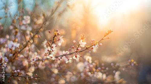 Blooming flowers in soft sunlight on a fresh spring morning with warm glowing background