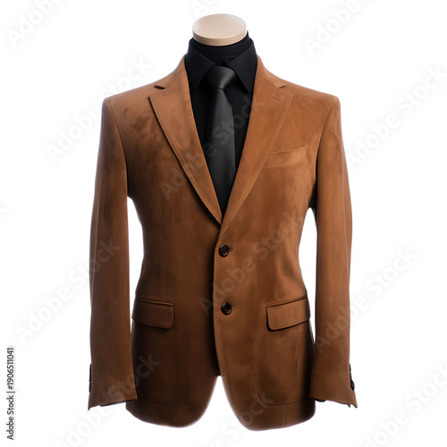 Brown suede blazer with lapel collar and black tie on mannequin formal business attire