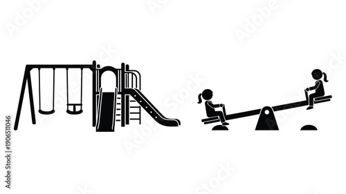 Playground scene with a seesaw and swing set black silhouette