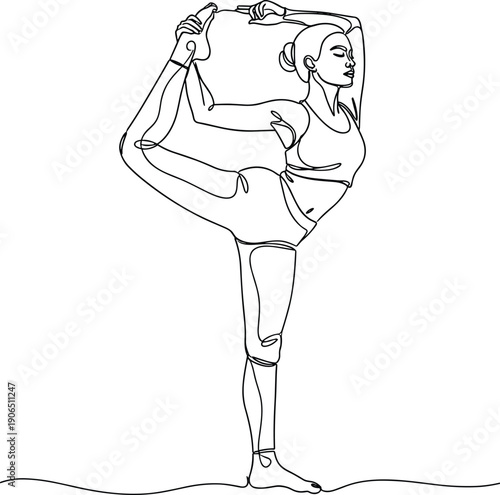 Woman performing Natarajasana yoga pose in continuous line drawing style