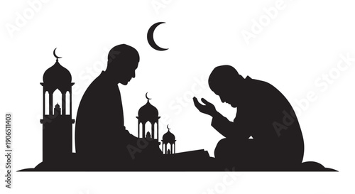 Silhouetted Muslim men praying under crescent moon with mosque architecture