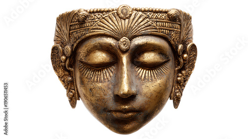Golden antique mask with detailed craftsmanship serene face closed eyes ornate headdress ancient design