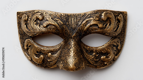 Golden antique venetian masquerade mask with intricate design on white background