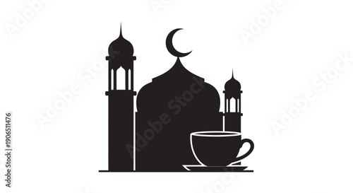 Ramadan mosque silhouette with coffee cup and crescent moon on white background