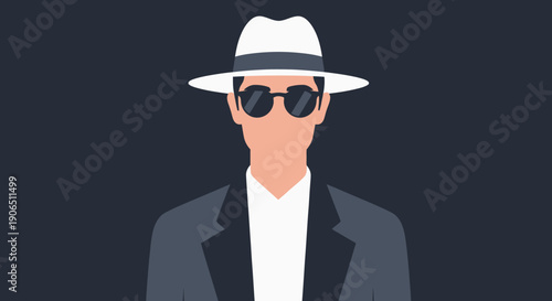 An illustration of a man wearing a white fedora hat, suit jacket, and sunglasses against a dark background, conveying mystery or espionage