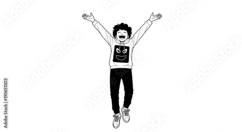Dynamic monochrome illustration capturing a joyful young person enthusiastically leaping high with arms outstretched, expressing pure happiness and youthful freedom