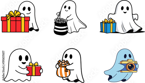 Playful cartoon specters engaged in cheerful activities, featuring gift-giving, candy treats, and photography, perfect for festive seasonal designs and celebration themes