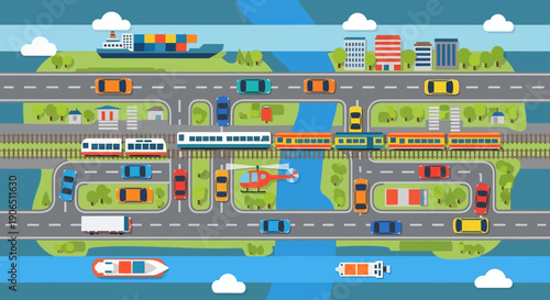 A high-angle illustration showcasing a busy transportation hub with various vehicles like cars, trains, trucks, helicopters, and ships, set against a cityscape and waterway backdrop