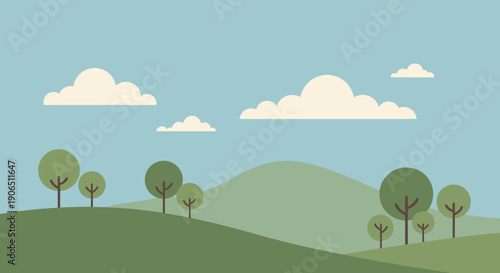 Peaceful minimalist nature landscape illustration with rolling green hills, varied trees, and fluffy clouds under a blue sky, ideal for serene backgrounds