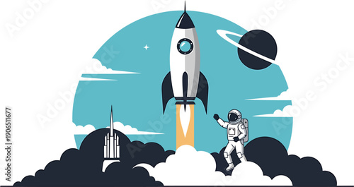 Dynamic illustration featuring a rocket taking off into the celestial expanse, with an astronaut observing, symbolizing new beginnings, innovation, and the ambitious journey of space exploration
