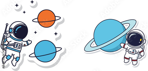 Astronauts exploring planets and stars in outer space, illustrating the wonders of the universe and cosmic adventure