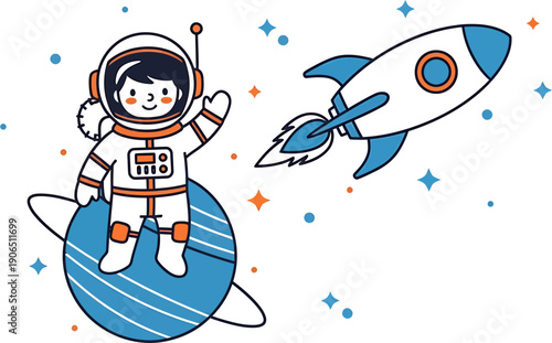 Cute cartoon astronaut waving from a planet next to a rocket ship in outer space with stars