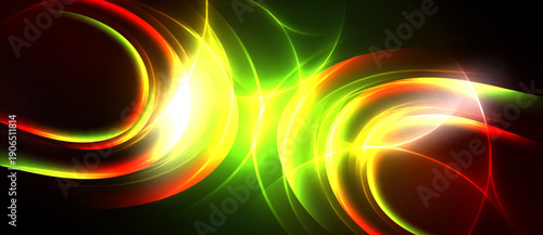 Bright abstract lines create dynamic energy. Vivid colors blend, forming swirling patterns against dark background. Light radiates, captivating viewer.