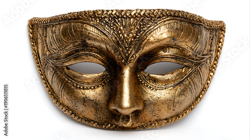 Golden antique mask with detailed craftsmanship on white background symbolizing culture and mystery