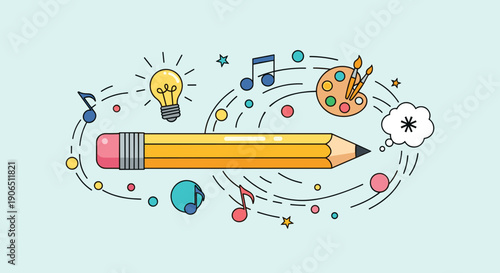 Yellow Pencil with Creative Elements Surrounding.