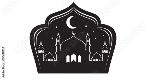 Islamic Mosque Silhouette with Crescent Moon and Stars in Ornate Frame