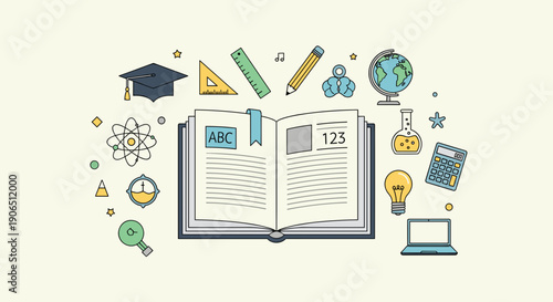 Open Book Surrounded by Educational Icons.