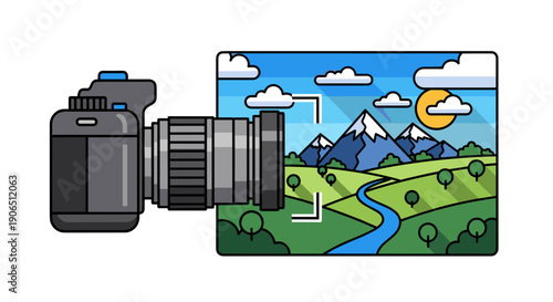 Digital Camera Capturing Landscape Scene Illustration.