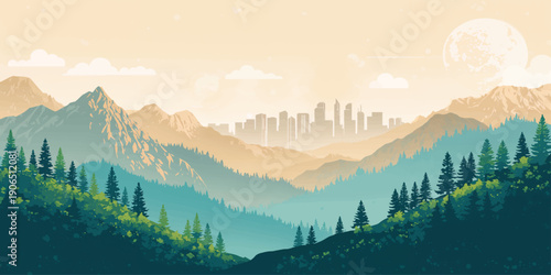 A breathtaking morning view of the misty Alps peak rising above a snowy forest and mountain valley as the sunrise glows through fog and clouds over the winter landscape