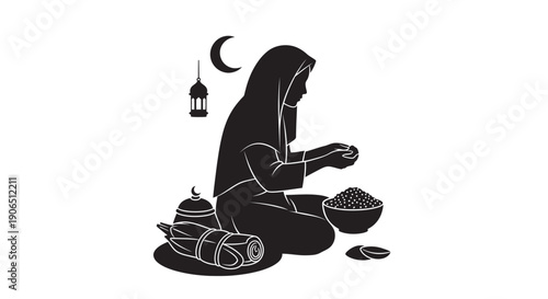Woman preparing traditional Middle Eastern food in a serene moonlit setting with copy space