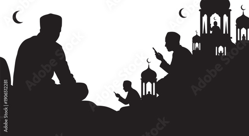 Family praying together under crescent moon with mosque silhouette