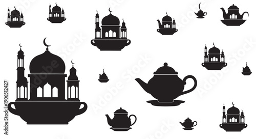 Ramadan and Islamic silhouettes collection with mosque and teapot on white background