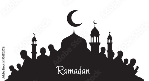 Ramadan Silhouette with Mosque and Crescent Moon Symbolizing Islamic Faith and Spirituality