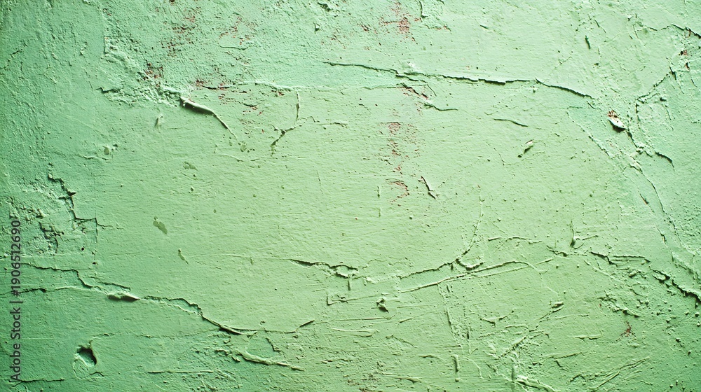 Fototapeta premium Close up of a vibrant green textured wall with peeling paint and cracks.