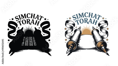 Simchat Torah celebration with traditional Jewish symbols and illustrations