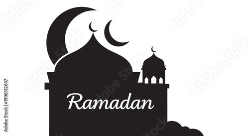 Ramadan mosque silhouette with crescent moon on white background