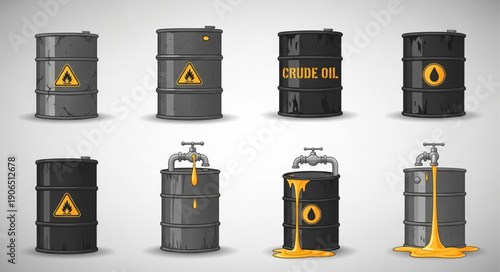 Collection of oil drums with hazard symbols and some leaking liquid.