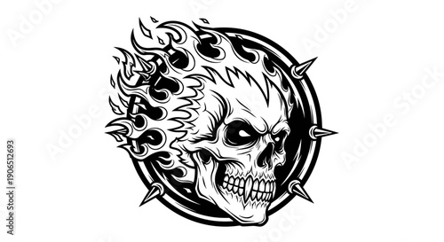 Black and White Skull Illustration with Flames.