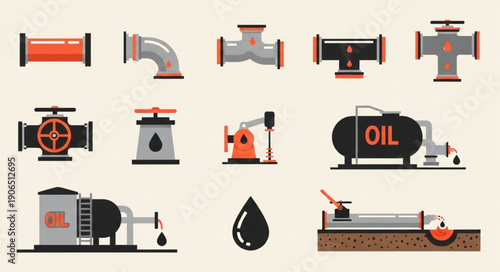 Collection of oil industry equipment and symbols.