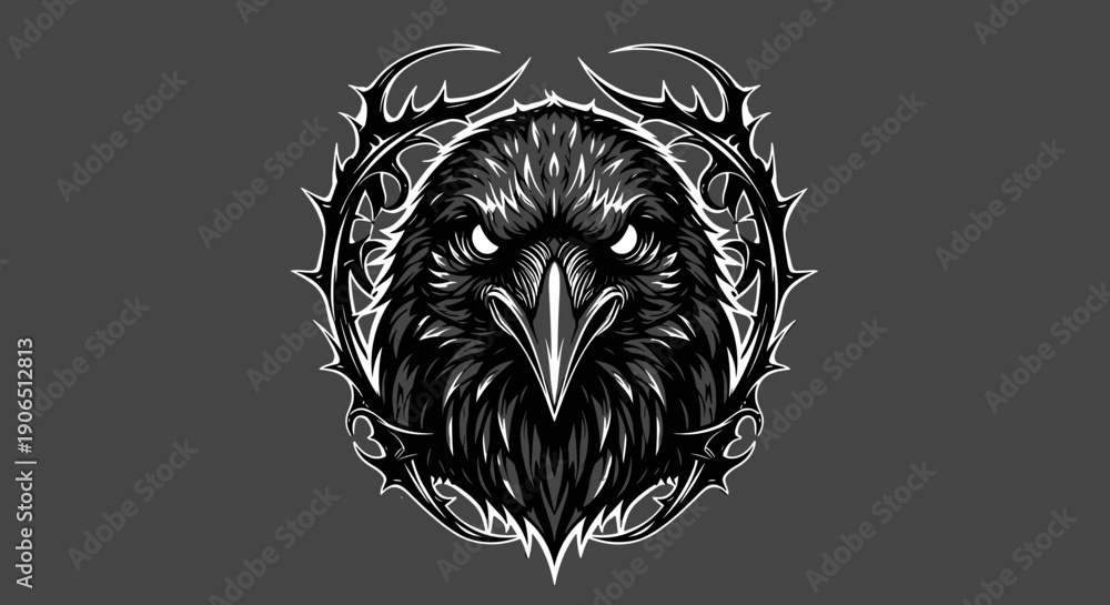 Naklejka premium Black Raven Head Illustration with Ornate Details.