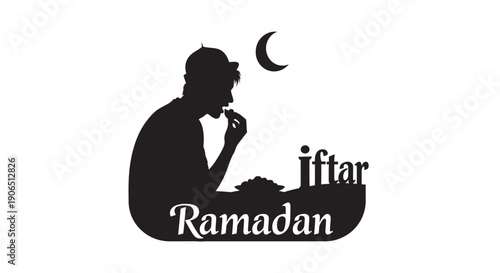 Man breaking fast during Ramadan with crescent moon in silhouette style
