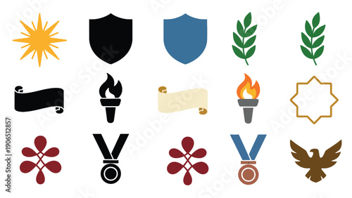 A collection of various award symbols and logos on a white background