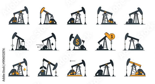 Collection of oil pumpjack icons and illustrations.