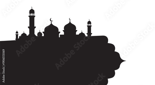 Mosque Silhouette with Domes and Minarets against White Background