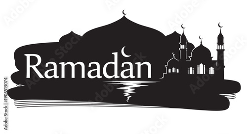 Ramadan Illustration with Mosque Silhouette and Crescent Moon