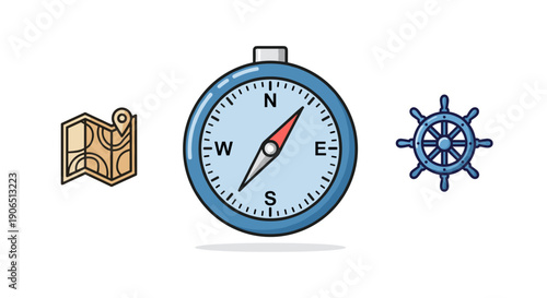 Compass Navigation Tool with Map and Ship Wheel.