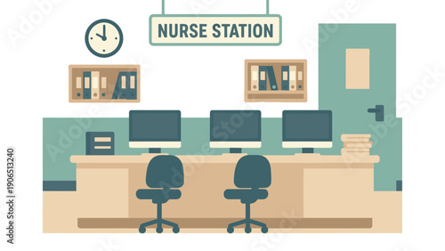 A nurse station with computers and chairs in a hospital setting
