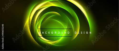 Abstract neon circles radiate from center. Dark background enhances vibrant green, yellow glow. Modern design element.